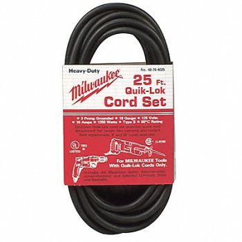 MILWAUKEE Powr Tool Cord 5-15 25 ft 10A 18/3 125V, 2Y381