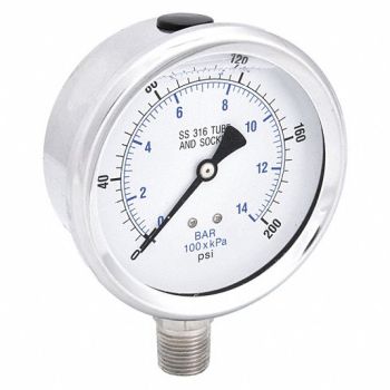 PIC GAUGES H8407 Pressure Gauge Stainless Steel 200 psi, 30ZV85