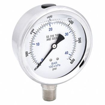 PIC GAUGES H8407 Pressure Gauge Stainless Steel 600 psi, 30ZV88