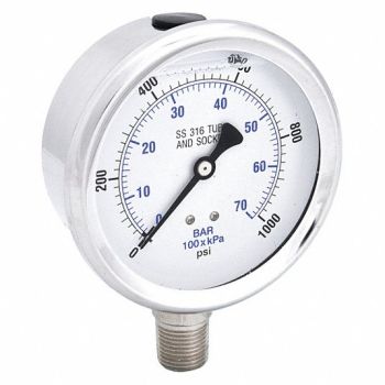 PIC GAUGES H8407 Pressure Gauge Stainless Steel 1000 psi, 30ZV89