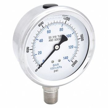 PIC GAUGES H8407 Pressure Gauge Stainless Steel 2000 psi, 30ZV91