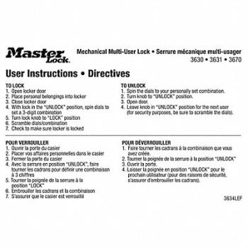 MASTER LOCK Instruction Sticker, 31MH10