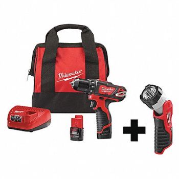 MILWAUKEE Drill Kit Cordless 1700 RPM 12V DC, 338AG3