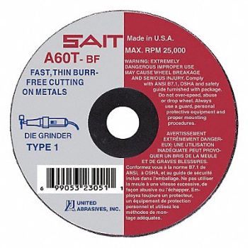 UNITED ABRASIVES-SAIT CutOff Wheel A60T 2 x.035 x1/4 30558rpm, 35KH23