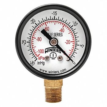 WINTERS J1377 Vacuum Gauge 1-1/2in 30in. Hg Vac to 0, 36TV50
