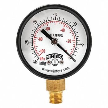 WINTERS J1378 Vacuum Gauge 2in. 30in. Hg Vac to 0, 36TV92