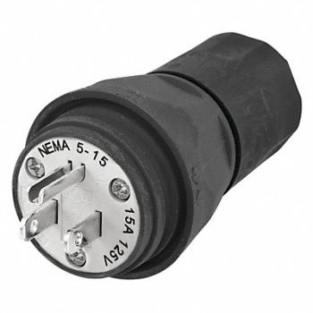 HUBBELL Watertight Plug 5-15P 15A 125VAC Black, 39AW18