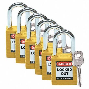BRADY H1699 Lockout Padlock KA Yellow 1-3/4 H PK6, 39N172