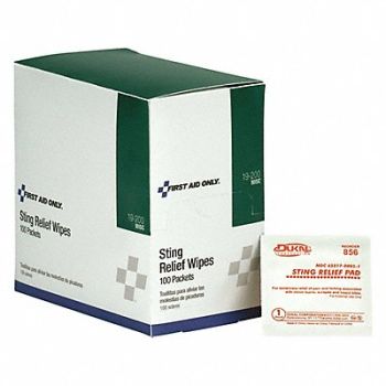 FIRST AID ONLY Sting Relief Wipes PK100, 39N933