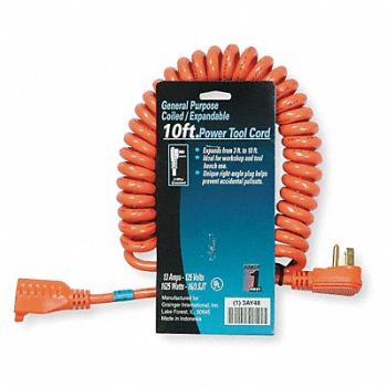 POWER FIRST Coiled Ext Cord 10ft 16Ga 13A SJT Orange, 3AY48