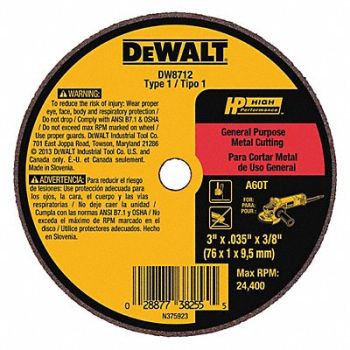 DEWALT CutOff Wheel A60T 3 x.035 x3/8 24000rpm, 3CB20