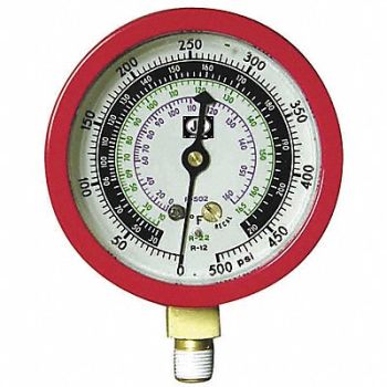 JB INDUSTRIES Gauge 3-1/8 In Dia High Side Red 500 psi, 3MRF9