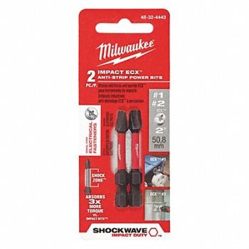 MILWAUKEE Impact Bit 1/4 Hex Shank Sz PK2, 419J76
