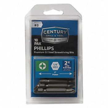 CENTURY DRILL AND TOOL Phillips Power Screwdriver Bit 3 10Pk, 42ZH48