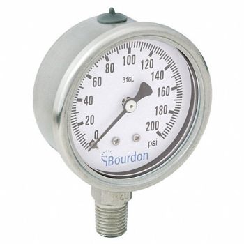 BOURDON Pressure Gauge Silver 0 to 200 psi Range, 437U55