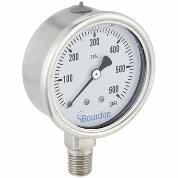 BOURDON Pressure Gauge Silver 0 to 600 psi Range, 437U64