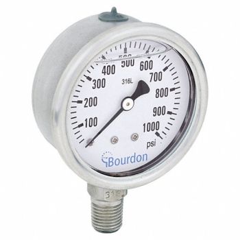BOURDON Pressure Gauge 0 to 1000 psi Range, 437U65