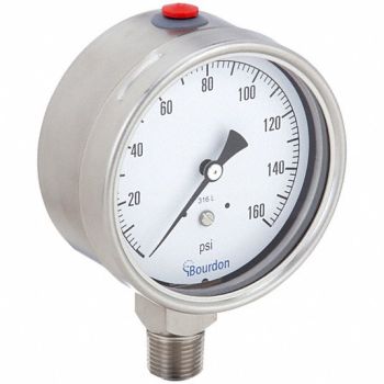 BOURDON Pressure Gauge Silver 0 to 160 psi Range, 437U72