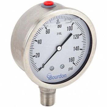 BOURDON Pressure Gauge Silver 0 to 160 psi Range, 437U84