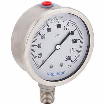 BOURDON Pressure Gauge Silver 0 to 200 psi Range, 437U85