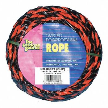 GRAINGER APPROVED Rope 50ft Blk/Orng 215lb. Polyprpylne, 45AV21