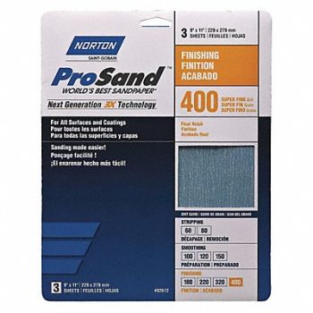 NORTON Sandpaper Sheet 11 in L 9 in W PK3, 45MY71