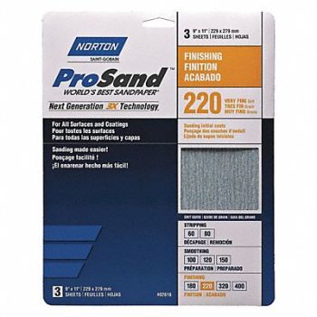 NORTON Sandpaper Sheet 11 in L 9 in W PK3, 45MY73