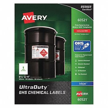 AVERY Chem Label 8-1/2 W x 11 H 50 Labels PK50, 48RK02