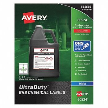 AVERY Chem Label 4 W x 4 H 200 Labels PK200, 48RK05