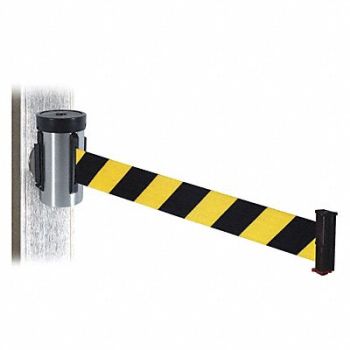 RETRACTA-BELT Belt Barrier Satin SS Blk/Yl Belt 10ftL, 48VY81