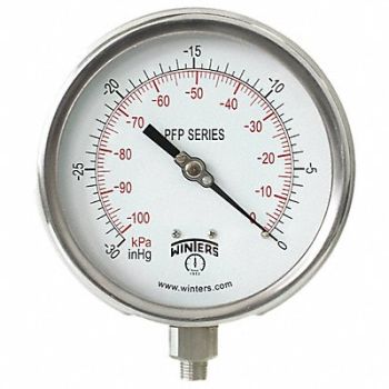 WINTERS K4535 Vacuum Gauge 4-1/2 Dial Size Silver, 491C09