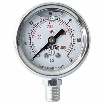 WINTERS Pressure Gauge 1-1/2 Dial Size Silver, 491D68