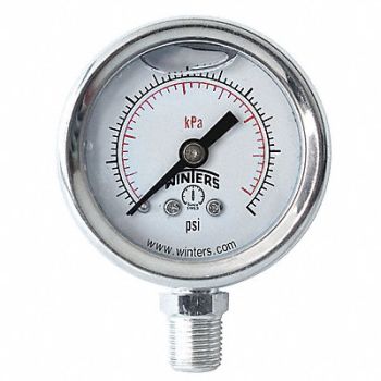 WINTERS Pressure Gauge 1-1/2 Dial Size Silver, 491D75