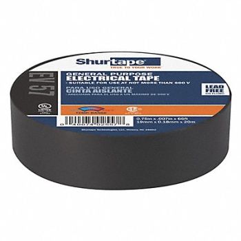 SHURTAPE Elec Tape 66 ft Lx3/4 in W 7 mil Black, 49XZ33
