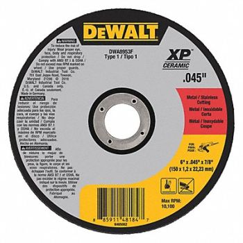 DEWALT Cut-Off Wheel 10 100 rpm 6 Dia Type 1, 49ZZ87
