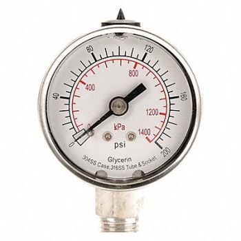 GRAINGER APPROVED D1359 Pressure Gauge Liquid Filled 2 In, 4CFG1