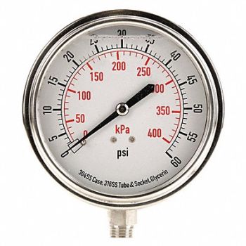 GRAINGER APPROVED D1368 Pressure Gauge Liquid Filled 3-1/2 In, 4CFJ8