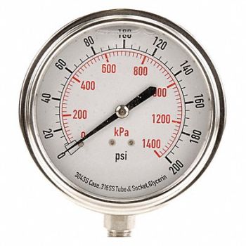GRAINGER APPROVED D1368 Pressure Gauge Liquid Filled 3-1/2 In, 4CFK2