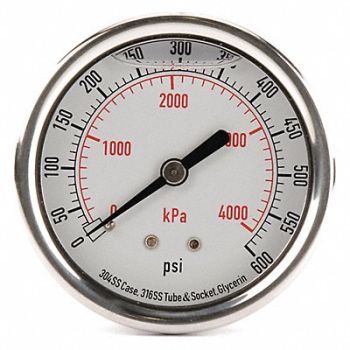 GRAINGER APPROVED D1365 Pressure Gauge Liquid Filled 2-1/2 In, 4CFU2