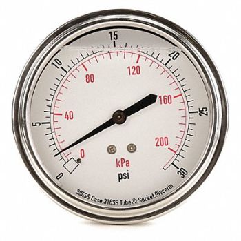 GRAINGER APPROVED D1369 Pressure Gauge Liquid Filled 3-1/2 In, 4CFU9