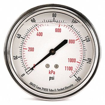GRAINGER APPROVED D1369 Pressure Gauge Liquid Filled 3-1/2 In, 4CFV3