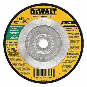 DEWALT Depressed Ctr Whl T27 4.5x1/8x5/8-11 SC, 4DV63