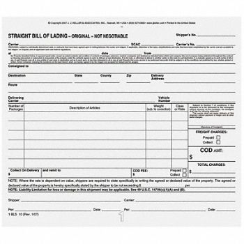 JJ KELLER Bill of Lading Forms 3-Part Carbon PK25, 52VP05