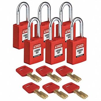 BRADY Lockout Padlock Nylon Red 1-13/16 H PK6, 55JX77