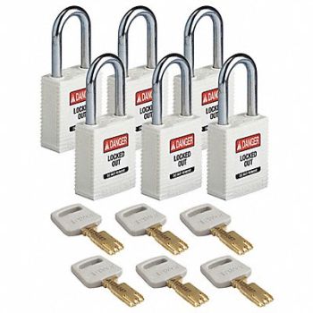 BRADY Lockout Padlock Nylon Wht 1-13/16 H PK6, 55JX85