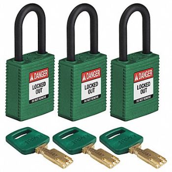 BRADY Lockout Padlock Nylon Grn 1-13/16 H PK3, 55JX88