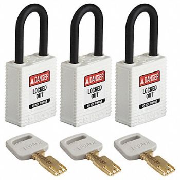 BRADY Lockout Padlock Nylon Wht 1-13/16 H PK3, 55JX94