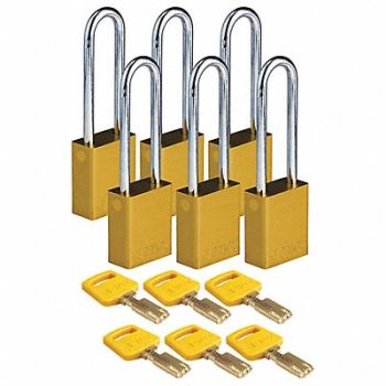 BRADY Lockout Padlock Yellow 1-1/2 W Body PK6, 55JZ24