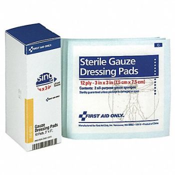 FIRST AID ONLY Gauze Pad Sterile 3 x 3 Wht 10/box, 55KK73