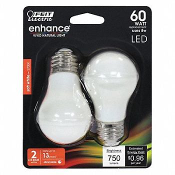 FEIT ELECTRIC LED Bulb 750 lm 8W 120VAC 3-3/8 L PK2, 56JH31